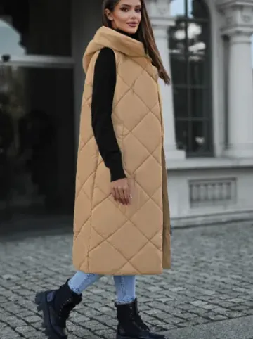 Kamizelka damska długa pikowana camelowa JS/5M3165/84Z^Ozonee Fashion
