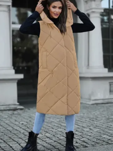 Kamizelka damska długa pikowana camelowa JS/5M3165/84Z^Ozonee Fashion