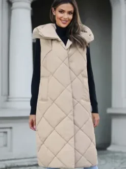 Kamizelka damska długa pikowana beżowa JS/5M3165/62Z^Ozonee Fashion