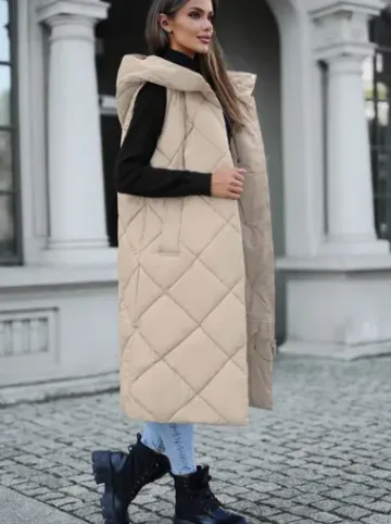 Kamizelka damska długa pikowana beżowa JS/5M3165/62Z^Ozonee Fashion