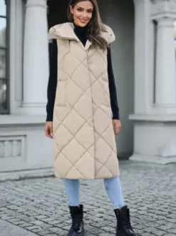 Kamizelka damska długa pikowana beżowa JS/5M3165/62Z^Ozonee Fashion