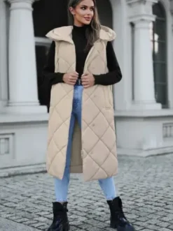 Kamizelka damska długa pikowana beżowa JS/5M3165/62Z^Ozonee Fashion