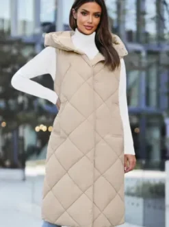 Kamizelka damska długa pikowana beżowa JS/5M3165/62^Ozonee Hot