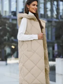 Kamizelka damska długa pikowana beżowa JS/5M3165/62^Ozonee Hot