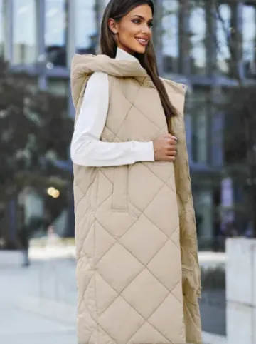 Kamizelka damska długa pikowana beżowa JS/5M3165/62^Ozonee Hot