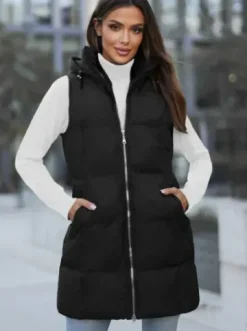 Kamizelka damska długa pikowana z kapturem czarna JS/M721/392Z^Ozonee Discount