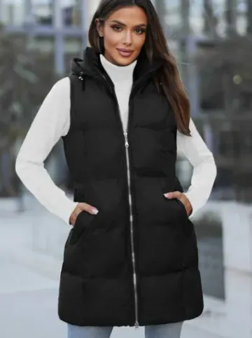 Kamizelka damska długa pikowana z kapturem czarna JS/M721/392Z^Ozonee Discount