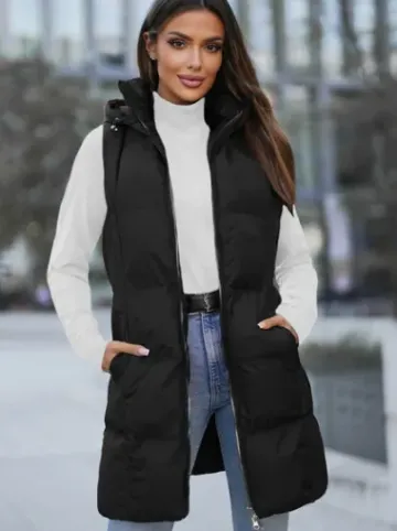 Kamizelka damska długa pikowana z kapturem czarna JS/M721/392Z^Ozonee Discount