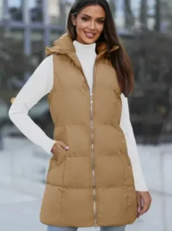 Kamizelka damska długa pikowana z kapturem camelowa JS/M721/84Z^Ozonee Hot
