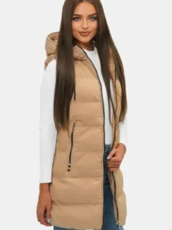 Kamizelka damska długa pikowana z kapturem beżowa N/7046^Ozonee Fashion