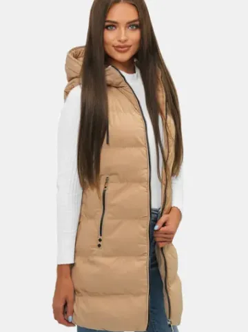 Kamizelka damska długa pikowana z kapturem beżowa N/7046^Ozonee Fashion