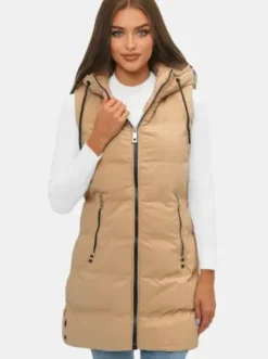 Kamizelka damska długa pikowana z kapturem beżowa N/7046^Ozonee Fashion