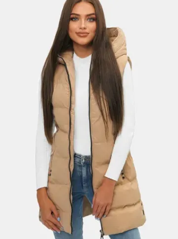 Kamizelka damska długa pikowana z kapturem beżowa N/7046^Ozonee Fashion
