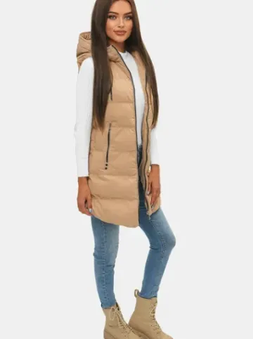 Kamizelka damska długa pikowana z kapturem beżowa N/7046^Ozonee Fashion