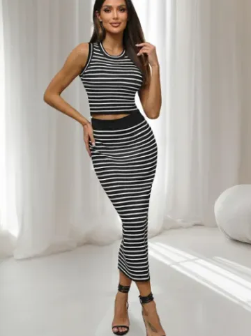 Komplet damski czarno/biały - top i spódnica O/CH5801^Ozonee Fashion