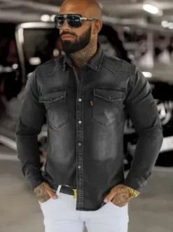 Koszula męska jeansowa grafitowa O/51413^Ozonee Fashion