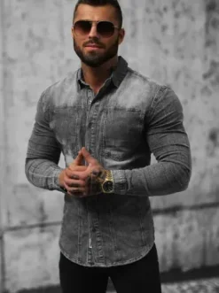 Koszula męska jeansowa szara NB/MC712G^Ozonee Fashion