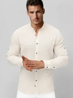 Koszula męska ze stójką beżowa O/V152^Ozonee Sale