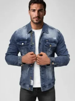 Kurtka męska jeansowa ciemno-niebieska NB/MJ522BSZ^Ozonee Discount