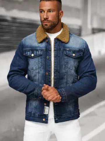 Kurtka męska jeansowa sherpa ciemno-niebieska NB/MJ520BSZ^Ozonee Hot
