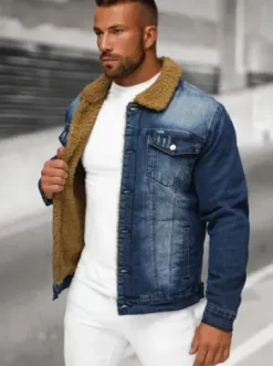 Kurtka męska jeansowa sherpa ciemno-niebieska NB/MJ520BSZ^Ozonee Hot