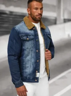 Kurtka męska jeansowa sherpa ciemno-niebieska NB/MJ520BSZ^Ozonee Hot