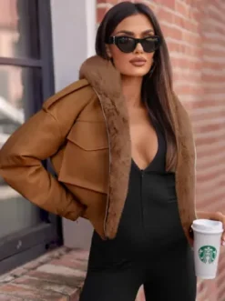 Kurtka skórzana damska z futerkiem brązowa O/G125^Ozonee Fashion