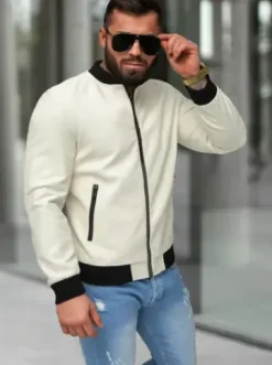 Kurtka skórzana męska bomberka ecru JS/11Z8107^Ozonee Fashion
