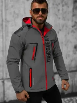 Kurtka softshell męska z kapturem szaro-czerwona JS/HH025/2BZ^Ozonee Clearance