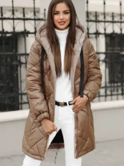 Kurtka zimowa damska długa camelowa JS/5M3189/84Z^Ozonee Fashion