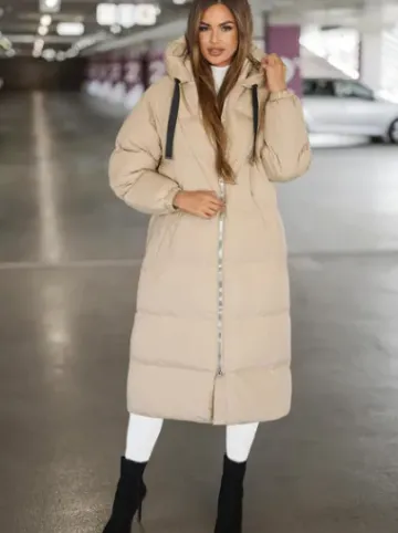 Kurtka zimowa damska długa pikowana beżowa JS/5M3163/62Z^Ozonee Fashion