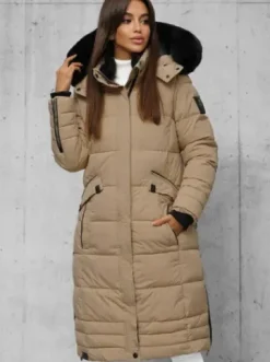 Kurtka zimowa damska długa pikowana ciemno-beżowa O/W377^Ozonee Fashion