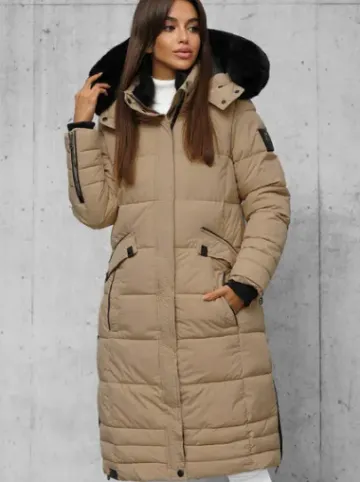 Kurtka zimowa damska długa pikowana ciemno-beżowa O/W377^Ozonee Fashion