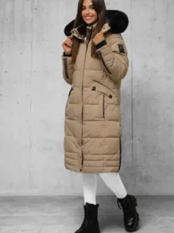 Kurtka zimowa damska długa pikowana ciemno-beżowa O/W377^Ozonee Fashion