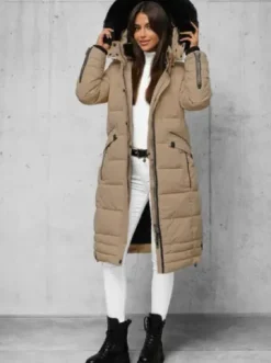 Kurtka zimowa damska długa pikowana ciemno-beżowa O/W377^Ozonee Fashion