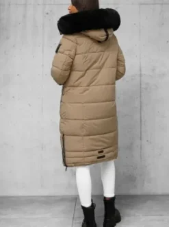 Kurtka zimowa damska długa pikowana ciemno-beżowa O/W377^Ozonee Fashion