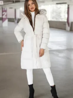 Płaszcz zimowy damski pikowany ecru JS/5M3253/281Z^Ozonee Hot