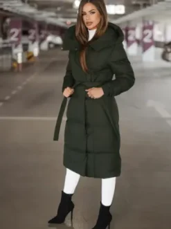 Płaszcz zimowy damski pikowany ciemno-zielony JS/5M3227/136Z^Ozonee Clearance