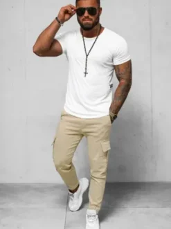 Spodnie męskie chino joggery beżowe O/1404SP^Ozonee Fashion