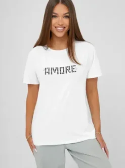 T-shirt damski z ćwiekami biało-czarny JS/YJ77716^Ozonee New