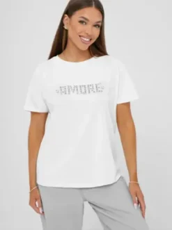 T-shirt damski z ćwiekami biało-srebrny JS/YJ77716^Ozonee New