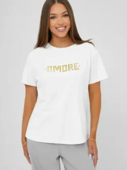T-shirt damski z ćwiekami biało-złoty JS/YJ77716^Ozonee New