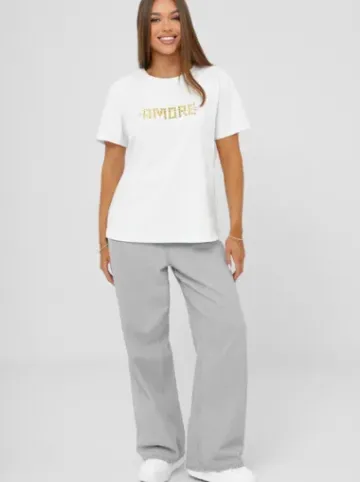 T-shirt damski z ćwiekami biało-złoty JS/YJ77716^Ozonee New