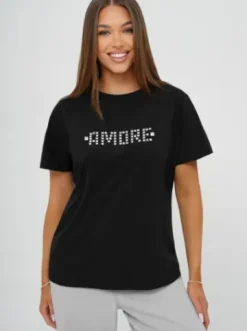 T-shirt damski z ćwiekami czarno-srebrny JS/YJ77716^Ozonee New