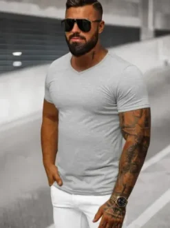 T-shirt męski bez nadruku szary JS/712007Z^Ozonee Fashion