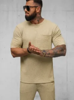 T-shirt męski camelowy O/Y960T^Ozonee Clearance