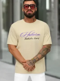 T-shirt męski loose fit beżowy O/YN2/632^Ozonee Hot