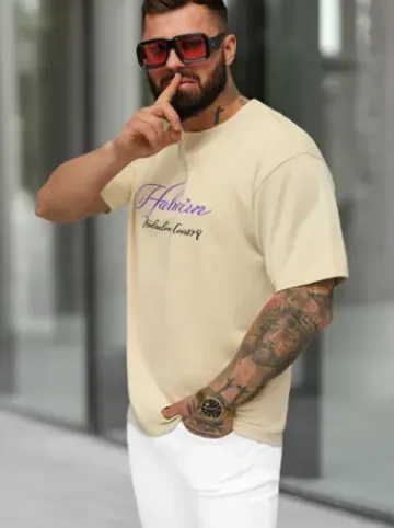 T-shirt męski loose fit beżowy O/YN2/632^Ozonee Hot