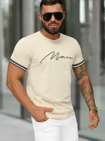T-shirt męski slim fit beżowy O/QS11628^Ozonee Sale