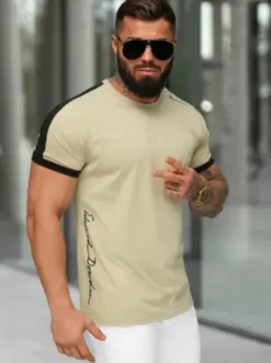 T-shirt męski slim fit beżowy O/QQ1196^Ozonee New